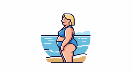 A woman in a blue bikini stands on a sandy beach beside a blue ocean © Ling