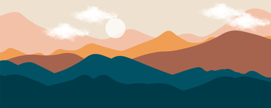 Abstract landscape poster. Nature wall decor contemporary art prints, medieval mountains backdrop. vector