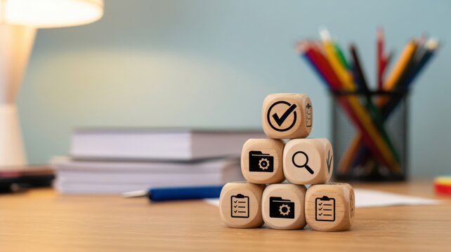 Colorful wooden blocks with icons on desk