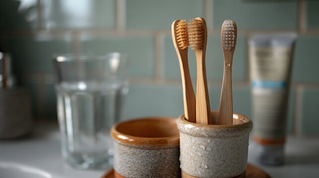 Bamboo toothbrushes in ceramic holder beside toothpaste and water glass on bathroom sink