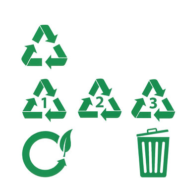Set of green recycling icons featuring a standard recycle symbol and numbered triangular plastic resin identification codes alongside a trash container
