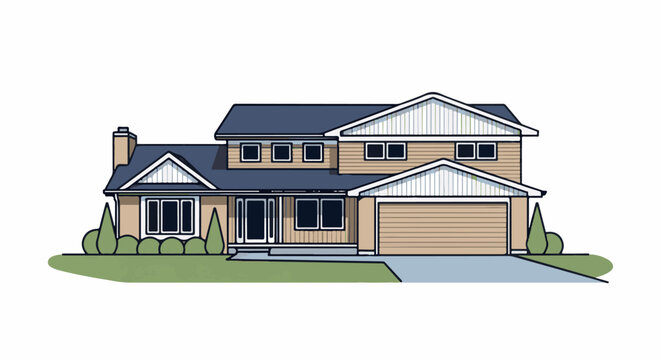 A two-story home with a pitched roof and attached garage