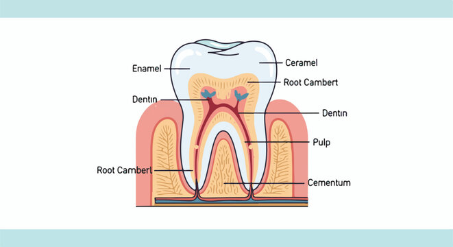Anatomical diagram of a tooth showing layers like enamel, dentin, pulp, and cementum