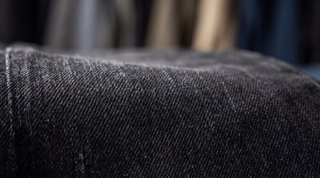 Close-up of black denim fabric showcasing texture and intricate weave patterns suitable for fashion backgrounds
