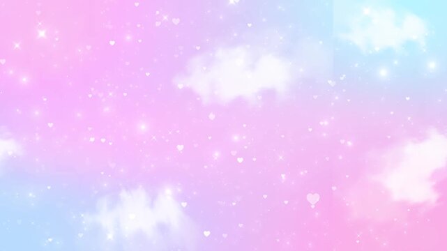 Pastel pink blue sky background clouds, tiny hearts, glittering stars, dreamy light. for baby shower , Valentine greetings, wedding titles, romantic reels, cute invitations, magical overlay loops.