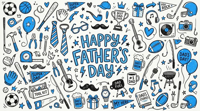 Father&rsquo;s Day background featuring blue hand drawn doodle icons of sports equipment tools musical instruments and celebration items for a festive card design element