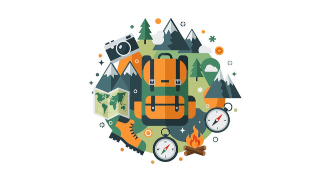 Outdoor Adventure Hiking and Camping Concept Illustration with Backpack, Mountains, Camera, and Map Gear Icons