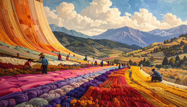 Colorful textiles drying outdoors with workers mountains in the distance