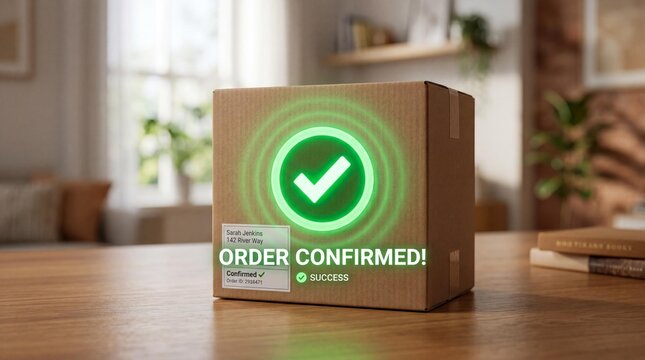Brown cardboard box with green checkmark and order confirmed text on wooden table indoors