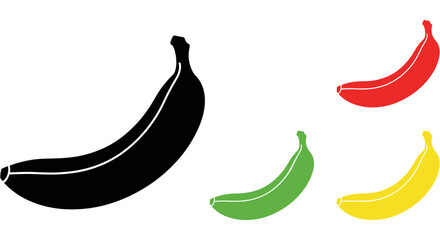 Four stylized bananas in black, red, green, and yellow with a clean outline design. © SALEHA STOCK