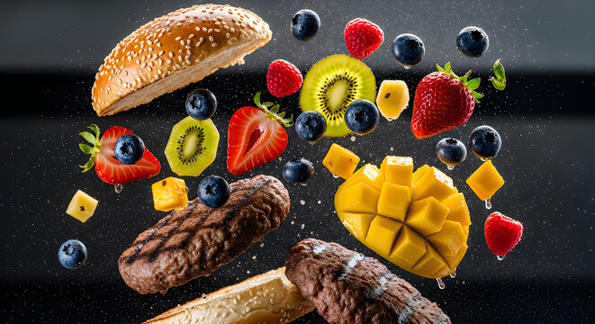 Floating burger ingredients and fresh fruit