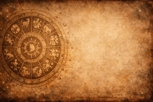 Celestial Chart: An ancient, weathered chart displaying astrological symbols, conveying a sense of timeless wisdom and the mysteries of the cosmos.