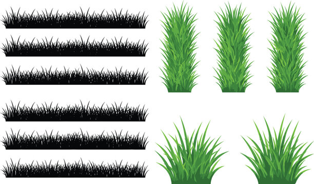 Grass border silhouettes and green bush elements collection for landscaping garden design with decorative lawn vector set