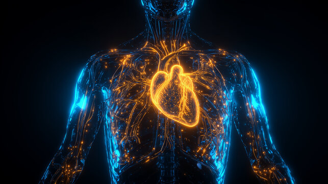 A transparent human torso with a glowing anatomical heart and vascular pathways, symbolizing advanced cardiology and digital health innovation.
