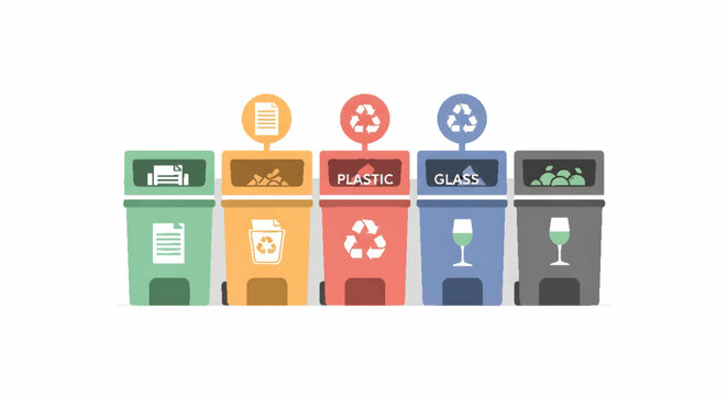 Colorful recycling bins for different types of waste: paper, organic, plastic, glass, and metal. Eco-friendly waste management concept.
