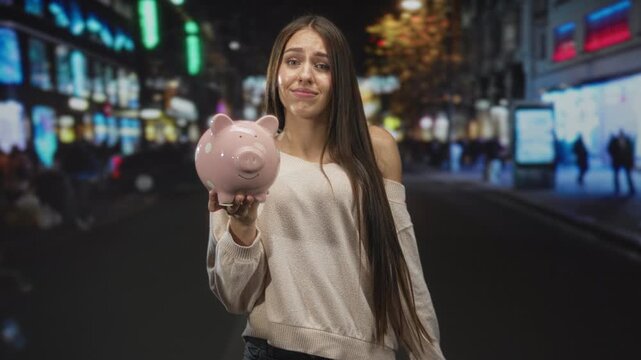 Teenage girl holding pink piggy bank with outstretched hand on a busy city street at night, uncertain expression; financial worry.
