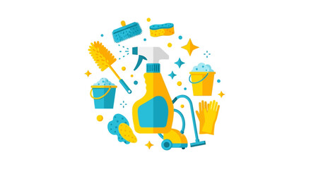 Fototapeta premium Professional Cleaning Supplies and Equipment Flat Illustration Set for Housekeeping Services, Sanitary Tools and Domestic Hygiene Concept Isolated on White Background