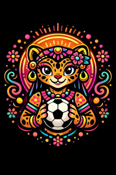 Illustration of a jaguar with soccer ball and festive, colorful design elements