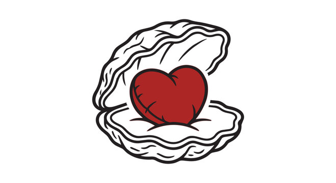 : Minimalist black and white vector illustration of an open clam shell with a red heart inside.