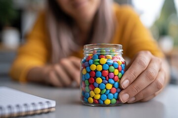 Fototapeta premium Adult hand placing colorful tokens in glass jar for progress tracking at home office desk