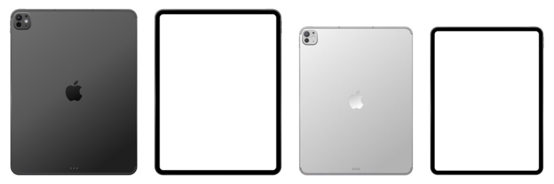 Realistic Apple iPad Pro M5 13 and 11 inch 2025 mockup in silver and black with real dimensions, multiple views set, isolated on transparent background, editable vector editorial illustration.