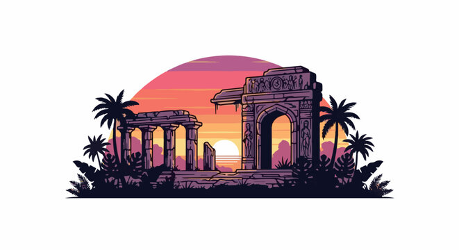 Ancient ruins with palm trees at sunset, pixel art style