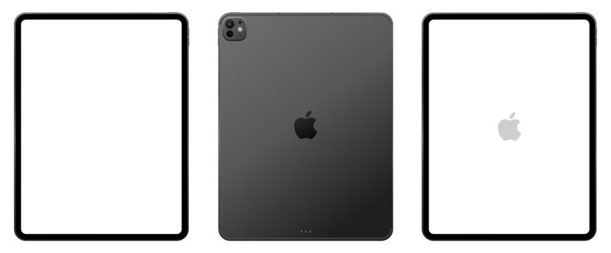 Realistic Apple iPad Pro M5 13 inch 2025 mockup in silver and black with real dimensions, multiple views set, isolated on transparent background, editable vector editorial illustration.
