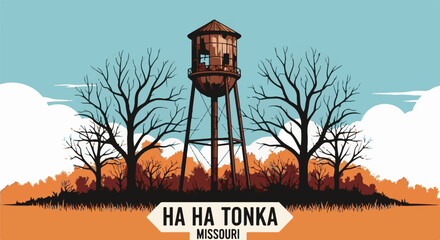 Abandoned water tower stands among bare trees under a bright sky © Ling