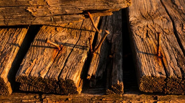 Rusty nails in weathered wooden planks at golden light background