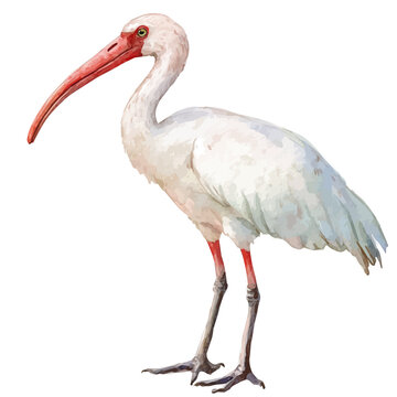 Ibis, watercolor painting with colorful accents, isolated on a white background.