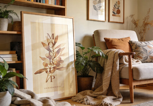 Vertical Wood Frame Mockup - Cozy Boho Interior