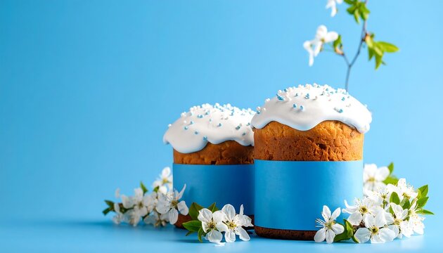 Two frosted cylindrical cakes with blue ribbons, adorned with white blossoms, set against a vibrant azure backdrop