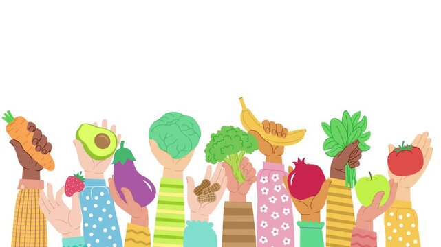 Animation of hands raise up various fruits and vegetables symbolizing World Food Day. Hands hold food: carrot, strawberry, apple, tomato, spinach, broccoli, banana isolated on white background