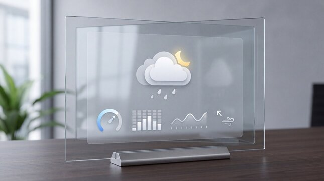 Modern cloud weather widget displayed on transparent glass with graphs and weather icons in a bright office setting