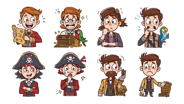 Treasure Seekers' Emotional Spectrum: A lively collection of young, animated pirates displays a range of emotions, holding treasures, maps, and interacting with their environment.