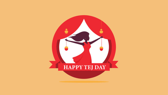 Happy tej day celebration badge with dancing female silhouette and red decorative frame