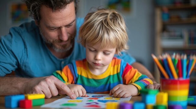 Father and son reviewing geometric shapes homework at desk in study room