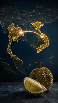 Golden Durian with Southeast Asia Map: A close-up of a ripe durian fruit, with one slice revealing its creamy flesh.