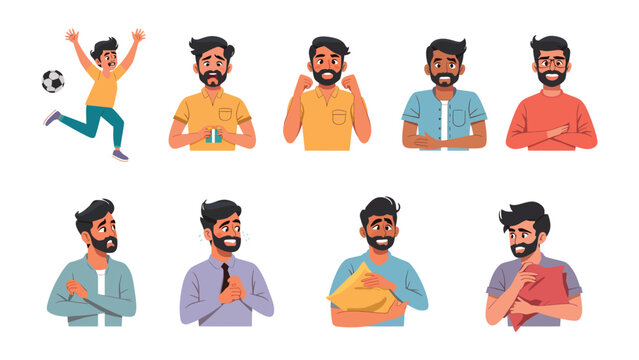 Emotions of Man: A collection of illustrations depicting a diverse range of male emotions, from joyous elation to solemn contemplation, offering a visual journey through the spectrum of feelings.