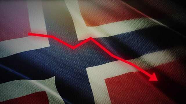 Norway Flag with Red Financial Graph Chart &ndash; Economic Decline, Market Crisis and Recession Concept
