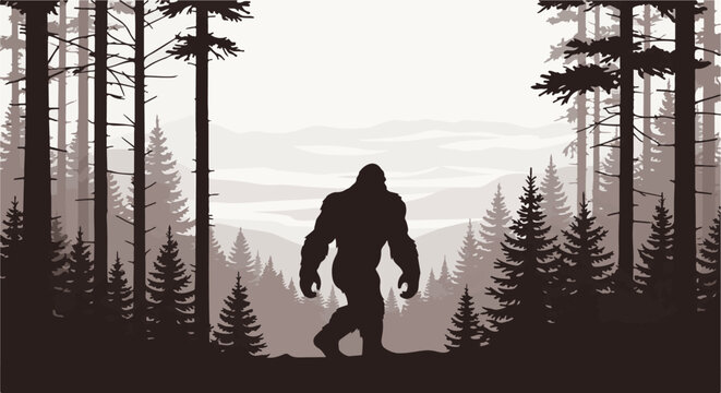 A solitary bipedal creature walks through a dense, misty forest