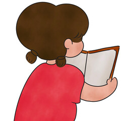 ute cartoon illustration of a little girl with brown pigtails from a back view, wearing a red shirt and focusing on reading an open book. Simple hand-drawn style on a clean black background.