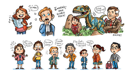 Dinosaur Adventure Illustration: A collection of charming cartoon illustrations depicting a dinosaur adventure, with expressive characters and a focus on curiosity and excitement. © abidakhatun