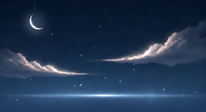 Night sky with crescent moon clouds stars over water horizon crescent peaceful
