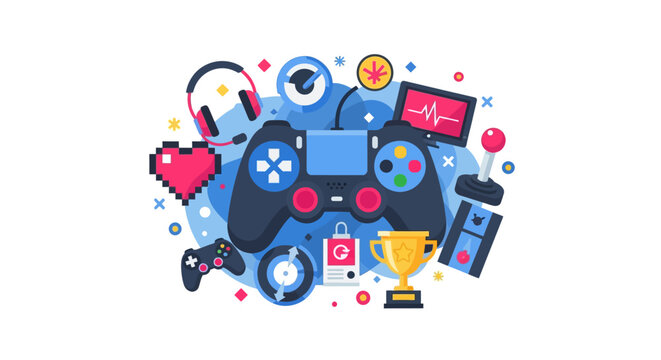 Flat Vector Illustration of Gaming Equipment and Esports Icons including Controller, Headset, Joystick, and Trophy on White Background for Gamer Lifestyle Content