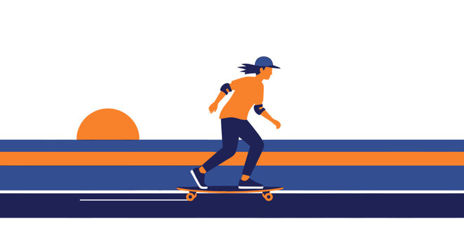 Flat Vector Illustration of a Woman Longboarding at Sunset, Minimalist Skateboarder Graphic with Modern Blue and Orange Aesthetic