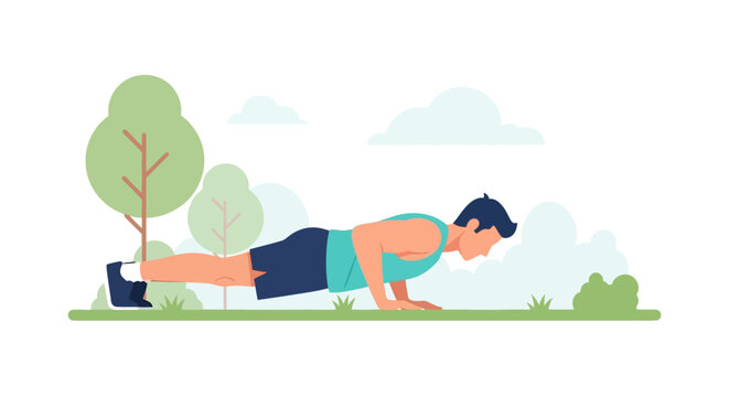 Fit Man Doing Push-Ups Exercise in Public Park, Outdoor Fitness and Healthy Lifestyle Vector Illustration