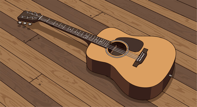 Acoustic guitar resting on a wooden floor with distinct grain patterns