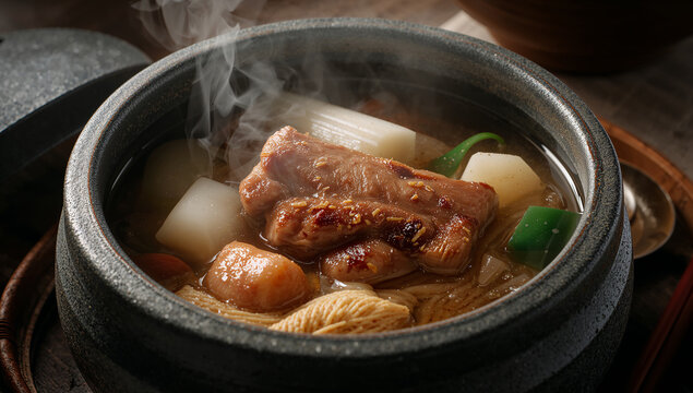 Hearty korean galbitang, a beef short rib soup, served steaming hot in a traditional stone pot, with visible pieces of meat, daikon radish, and green onions, korean food, korean cuisine, food photogra