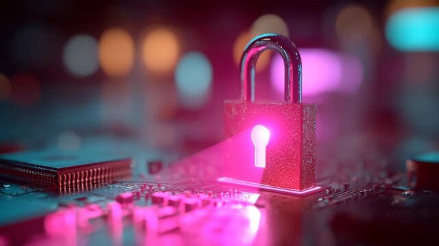 Cybersecurity concept with glowing pink light emitting from a padlock on a circuit board. Cinematic 4K video for data protection, encryption activation and futuristic network security.